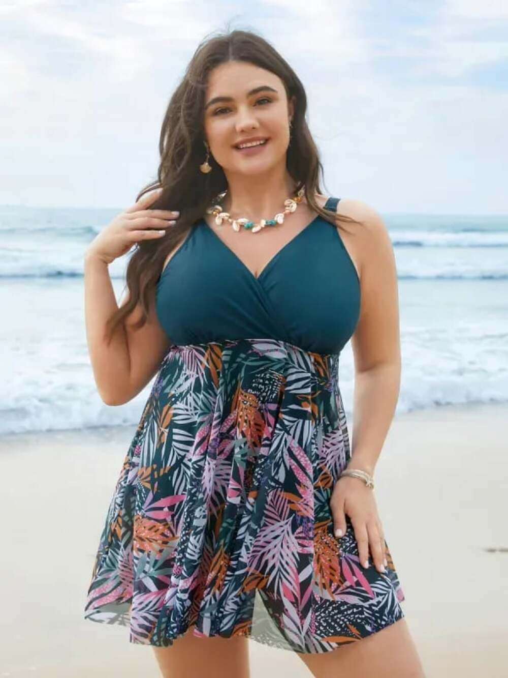BloomChic plus sixze 1x 14 16 Tropical Mesh V-Neck Tummy Control Swim Dress